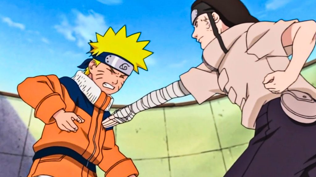 Neji is shown using his signature Gentle Fist technique to strike Naruto's chakra points.