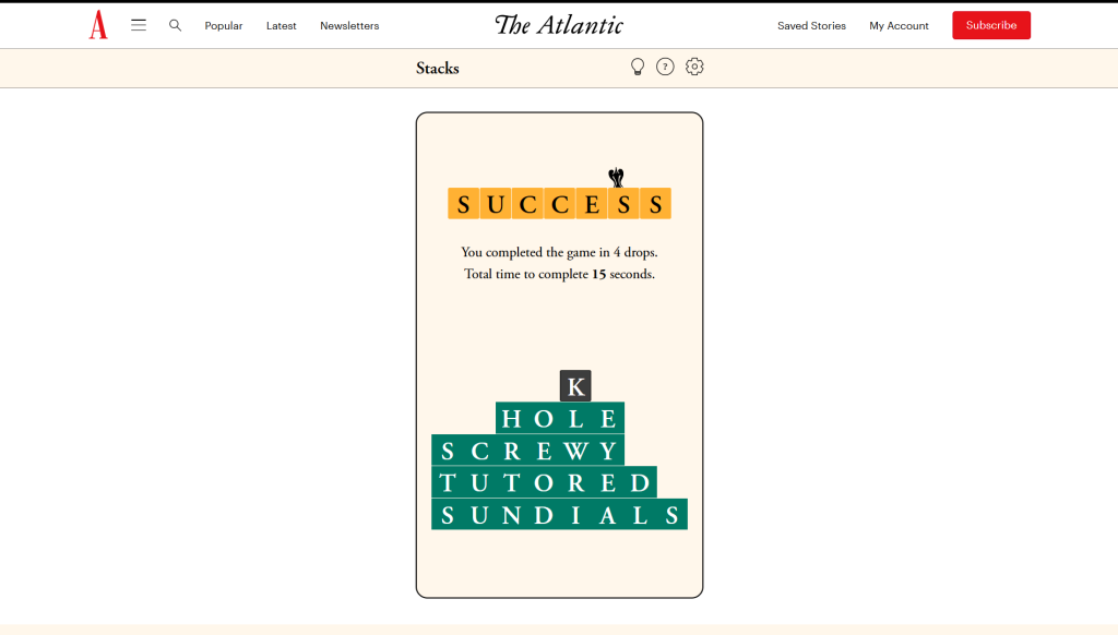 The Solution for The Atlantic Games' Stacks puzzle