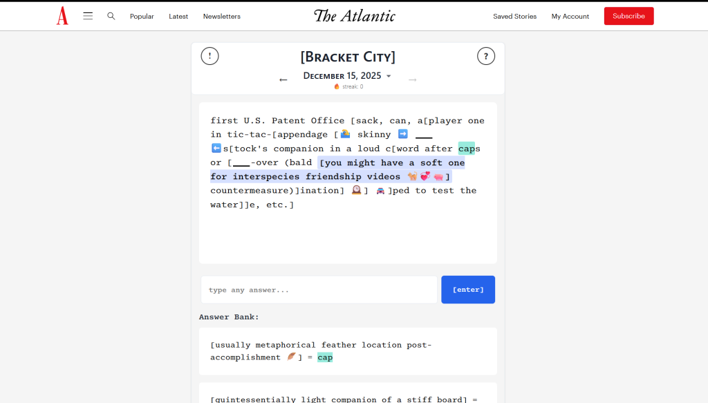 The Solution for The Atlantic Games' Bracket City puzzle