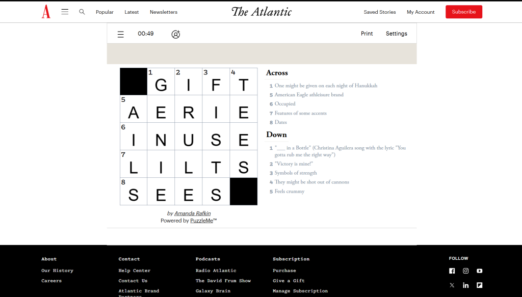 The Solution for The Atlantic Games' CRossword puzzle