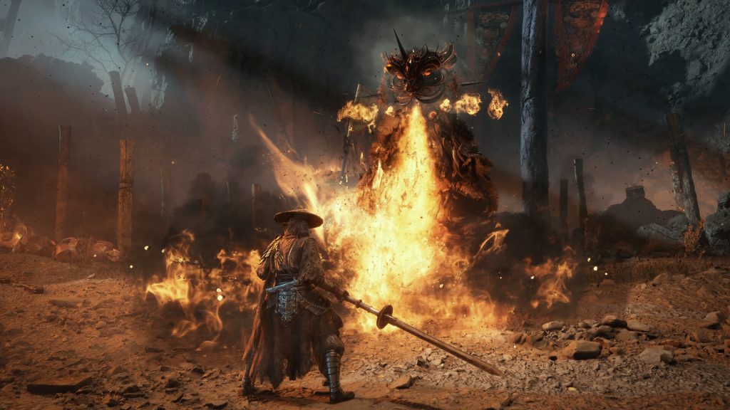 The protagonist fighting a boss in Phantom Blade Zero.