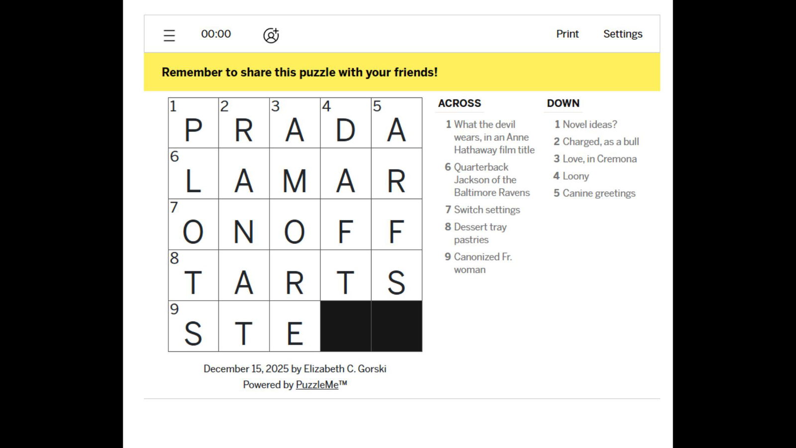 LA Times Crossword and Mini Crossword Solutions for Today (December 15 ...