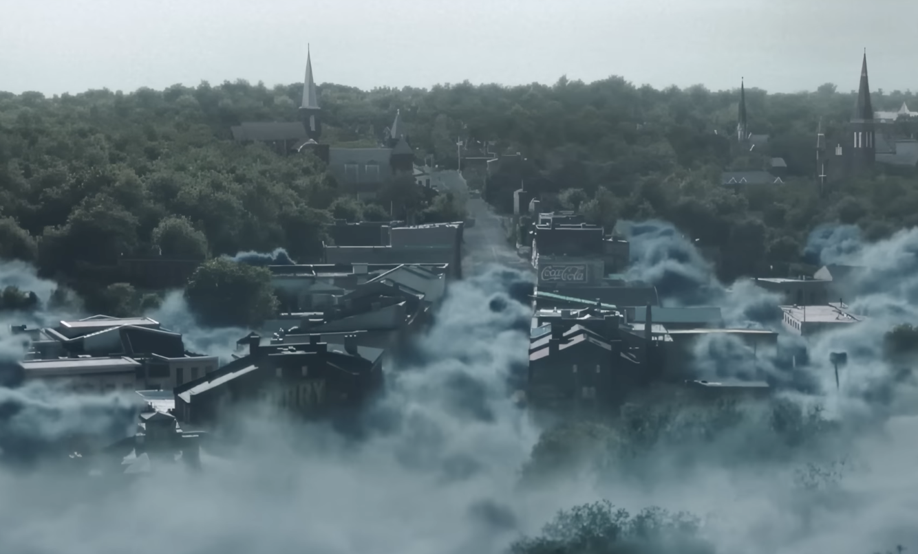 The town in IT: Welcome to Derry, surrounded by fog. 