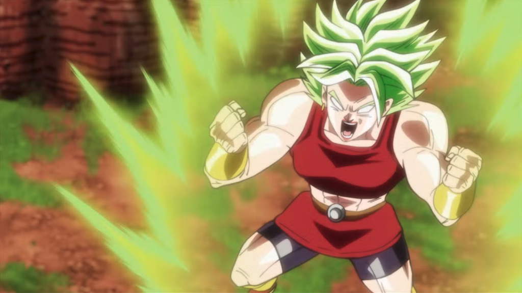 Kale from the anime series Dragon Ball Super in her powerful, berserk Super Saiyan (Legendary Super Saiyan) form. 