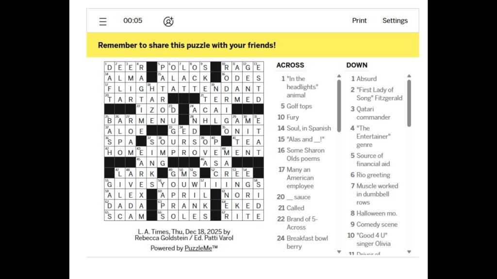 LA Times Crossword Solutions for Today