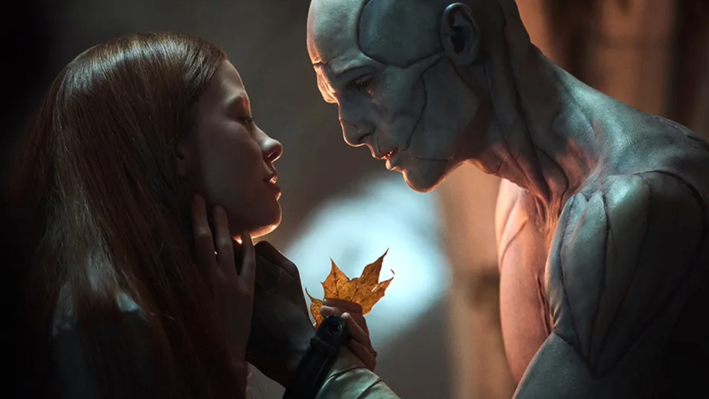 Mia Goth and Jacob Elordi in a still from Frankenstein