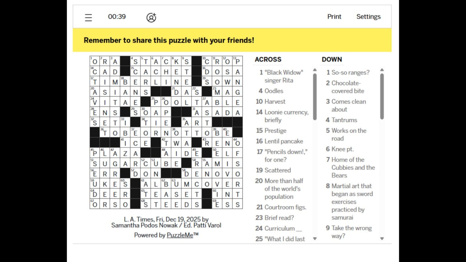 LA Times Crossword and Mini Crossword Solutions for Today (December 19