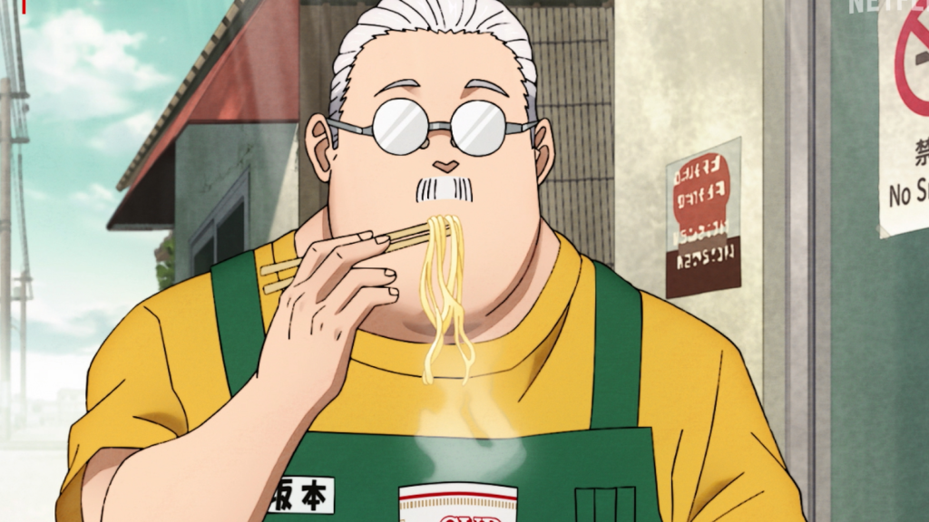Sakamoto eating instant ramen in Sakamoto days anime