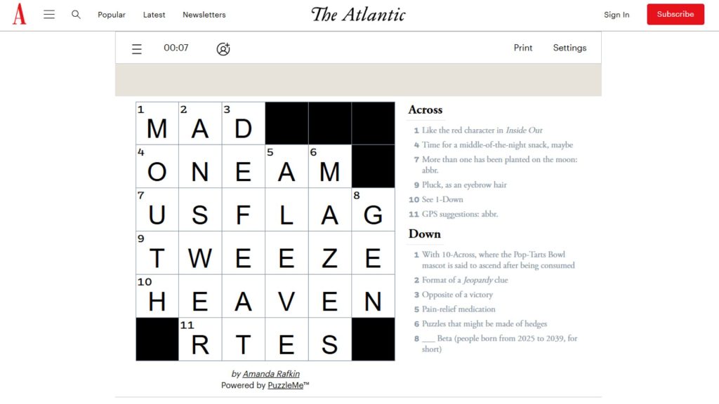 The Atlantic Crossword Solution for Today
