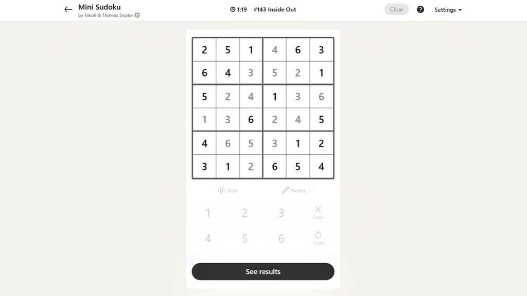 Screenshot of the LinkedIn Games Mini Sudoku solution today.