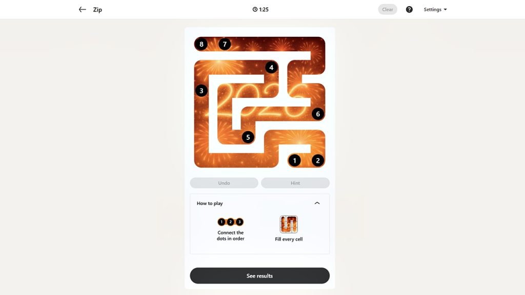 Screenshot of the LinkedIn Games Zip puzzle solution today.