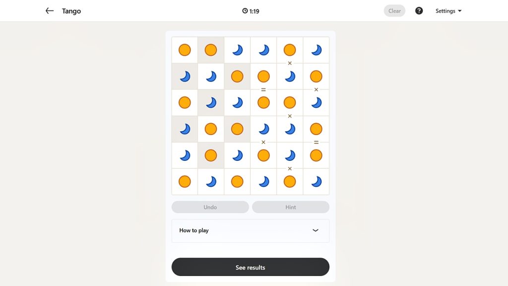 Screenshot of the LinkedIn Games Tango puzzle solution today.