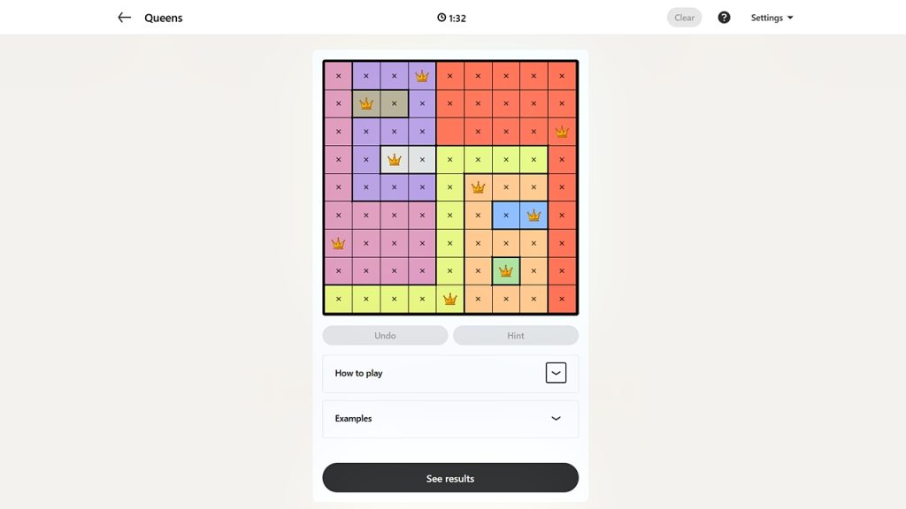 Screenshot of the LinkedIn Games Queens puzzle solution today.