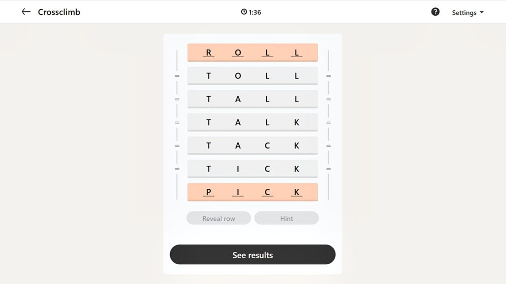Screenshot of the LinkedIn Games Crossclimb puzzle solution today.