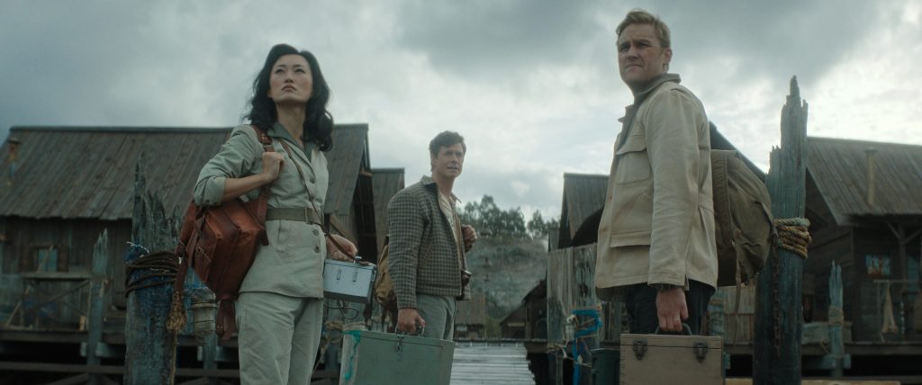 A still from Monarch: Legacy of Monsters Season 2 featuring Keiko, Bill, and Lee arriving on an island
