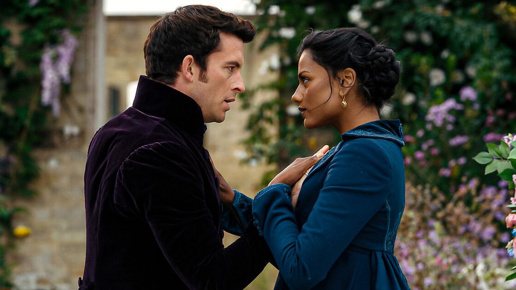jonathan bailey as anthony bridgerton and simone ashley as kate sharma in bridgerton, looking at each other 