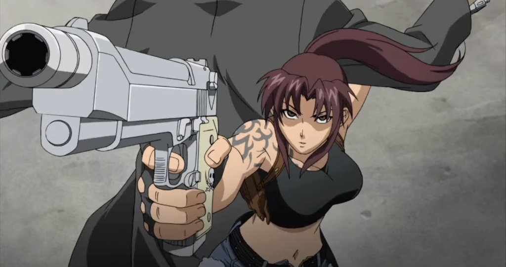 Revy aiming her gun at the enemies in Black Lagoon.