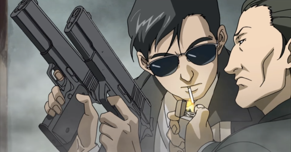 chang lighting his cigarette before firing at goons