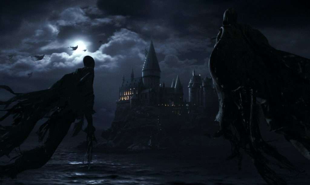 A still from Harry Potter featuring Dementors flying around Hogwarts