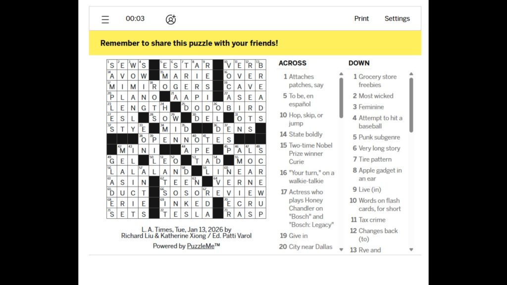 LA Times Crossword Answers for today