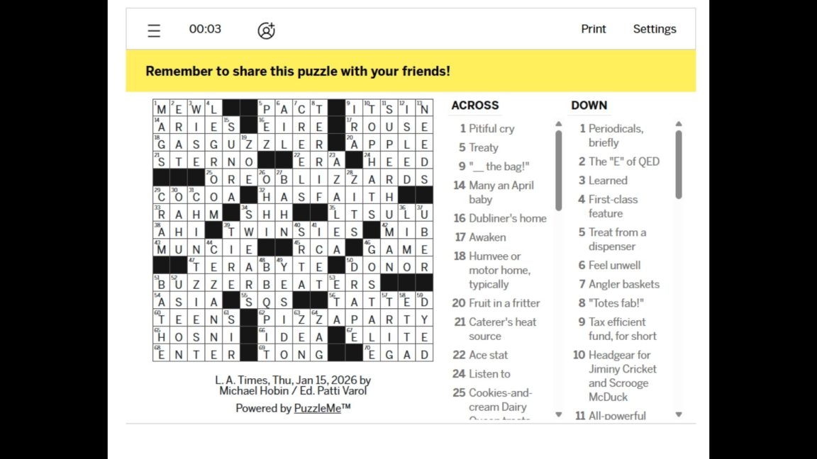 LA Times Crossword and Mini Crossword Solutions for Today (January 15 ...