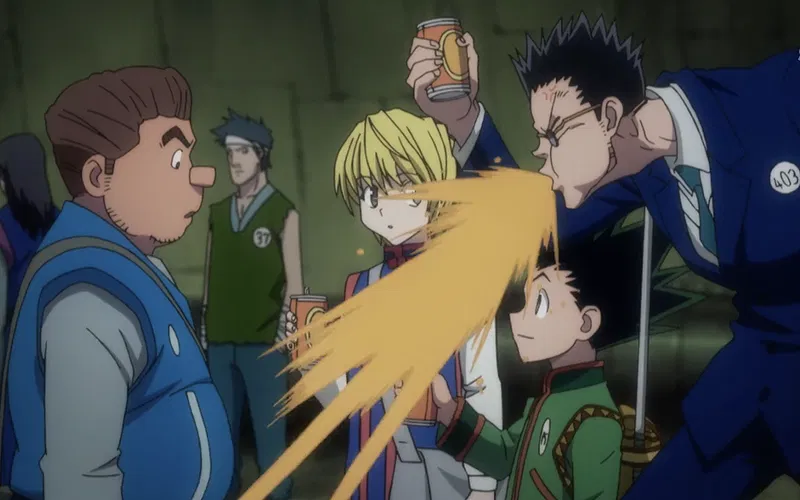 tonpa gives juice cans to gon and kurapika and leorio who spits the juice out immediately