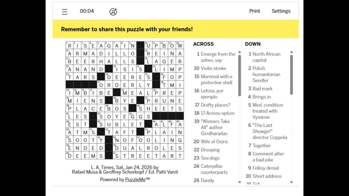 LA Times Crossword and Mini Crossword Solutions for Today (January 24 ...