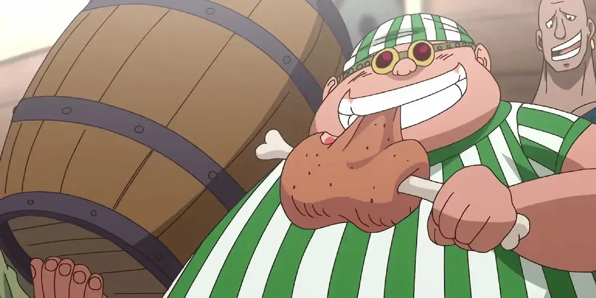 lucky roux in one piece anime eating meat while holding a barrel