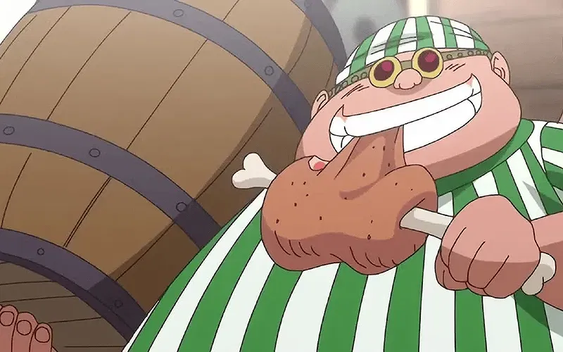 lucky roux in one piece anime eating meat while holding a barrel