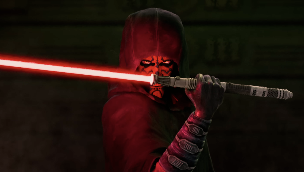 Darth Maul holding a red light saber in Maul - Shadow Lord 