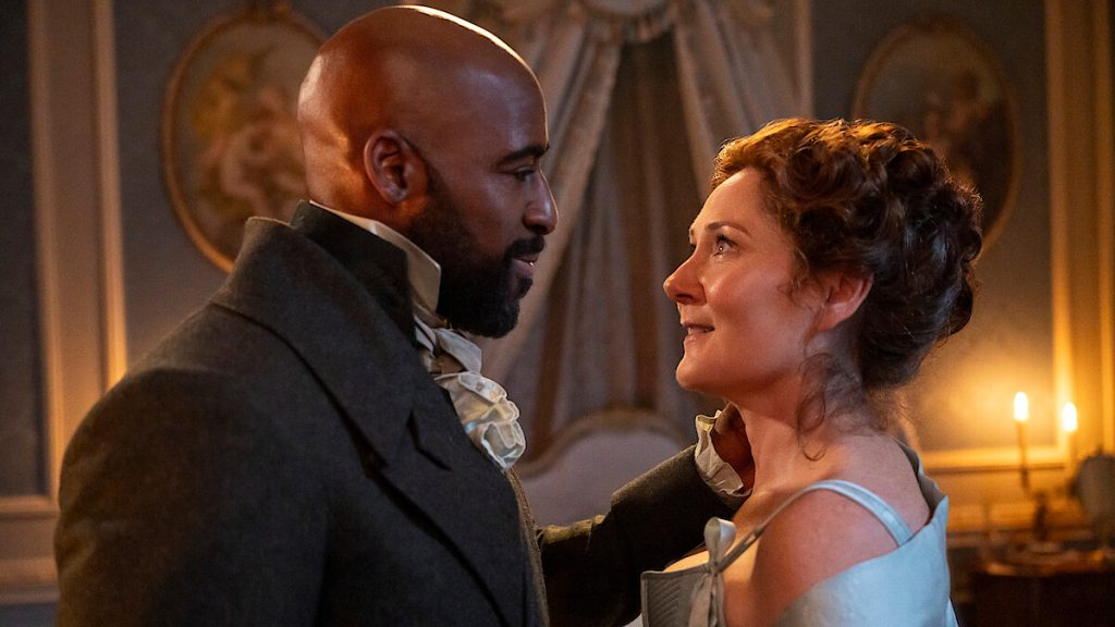 Lady Violet and Anderson loking at eacj other in Bridgerton season 4 part 1