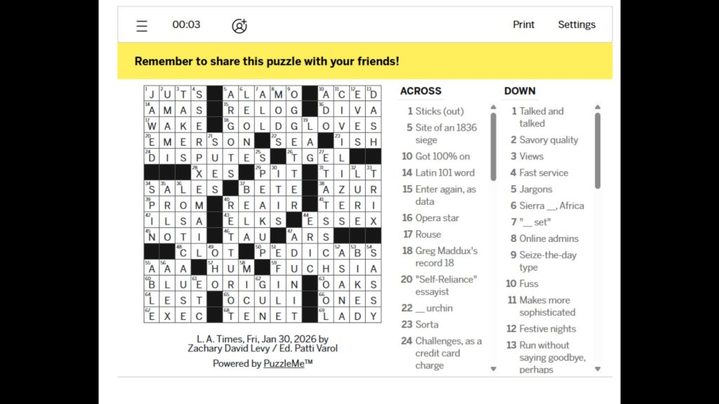 LA Times Crossword Answers for Today