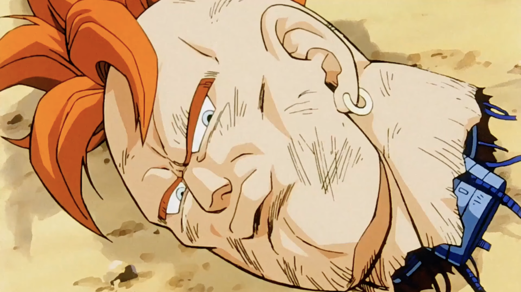 android 16's head rolls on the ground during a fight with cell