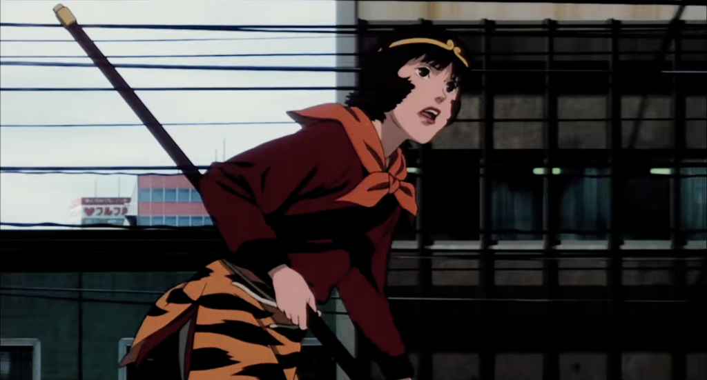 paprika holding a spear as she runs on the street
