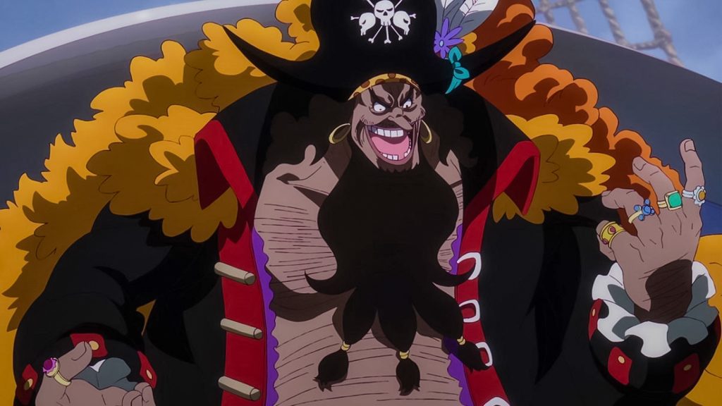 a still image of blackbeard laughing  in one piece