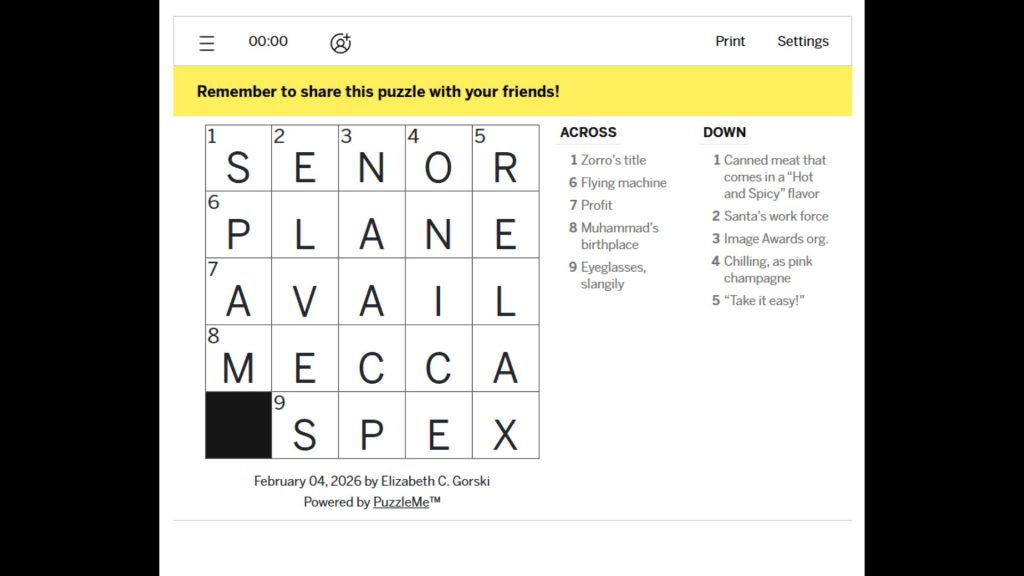 LA Times Crossword and Mini Crossword Solutions for Today (February 4, 2026) 2