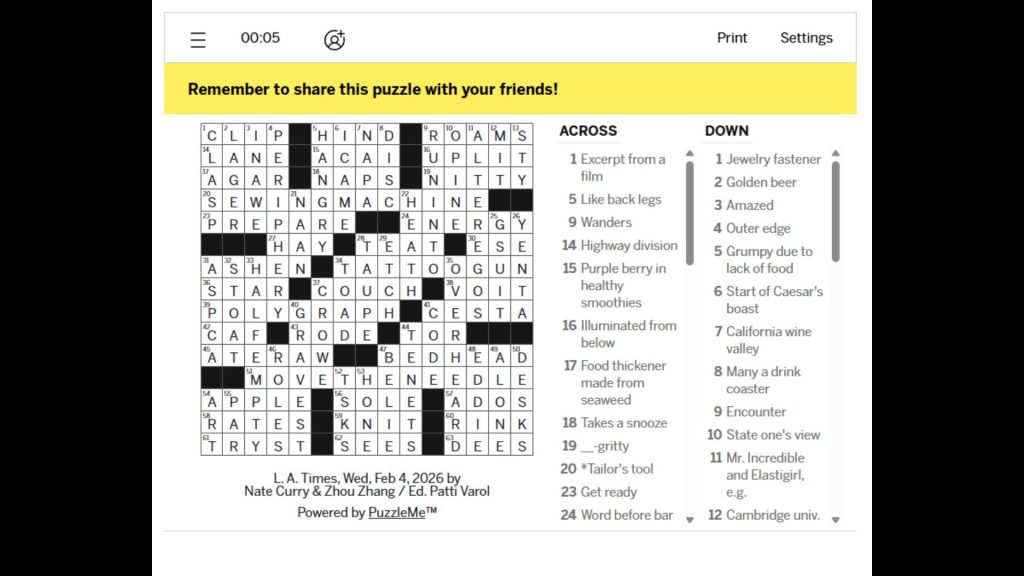 LA Times Crossword and Mini Crossword Solutions for Today (February 4, 2026) 1