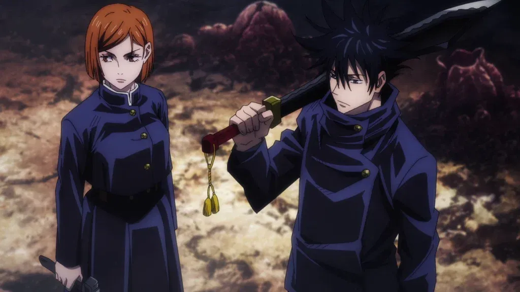 nobara and megumi with his jet black shadow sword
