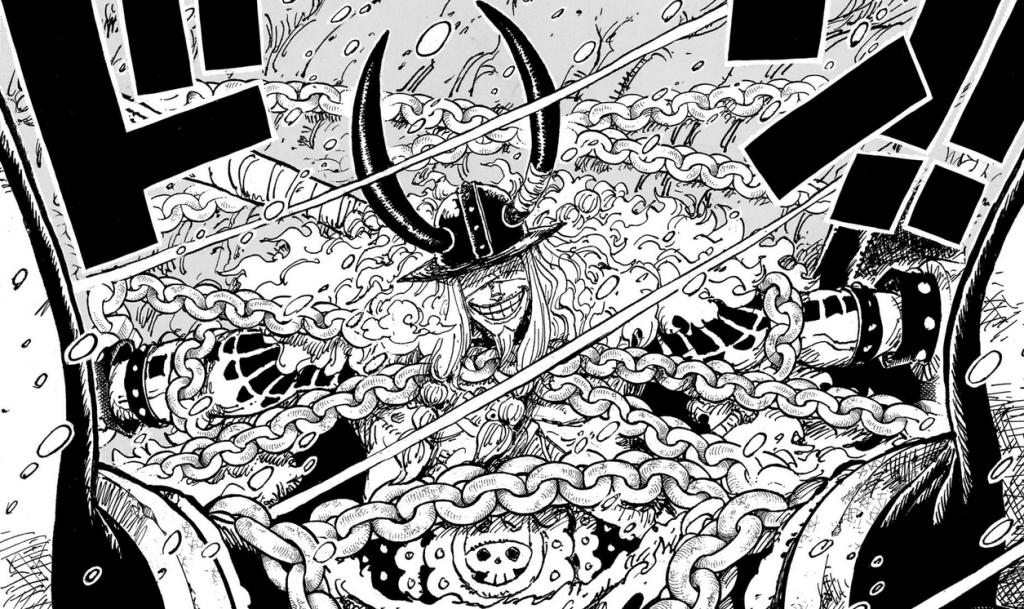 Loki mỉm cười trong khi vẫn bị xích trong bộ truyện tranh One Piece.