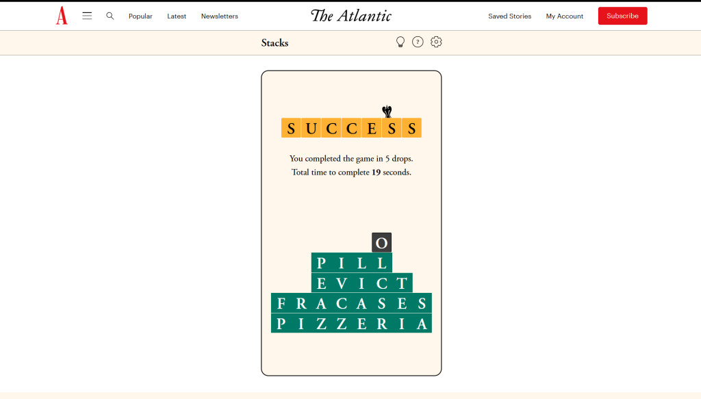 Solution for the atlantic games' stacks puzzle