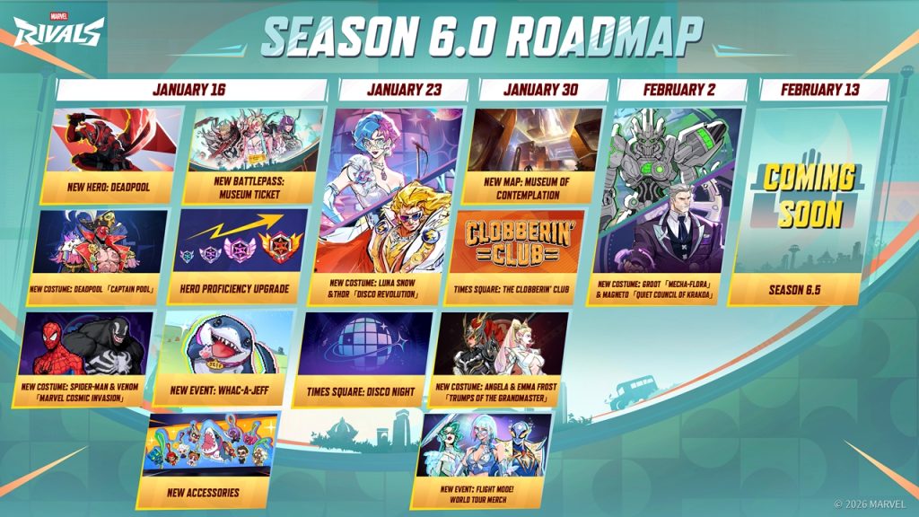 Marvel Rivals Season 6.0 roadmap stating Season 6.5 release date as February 13.