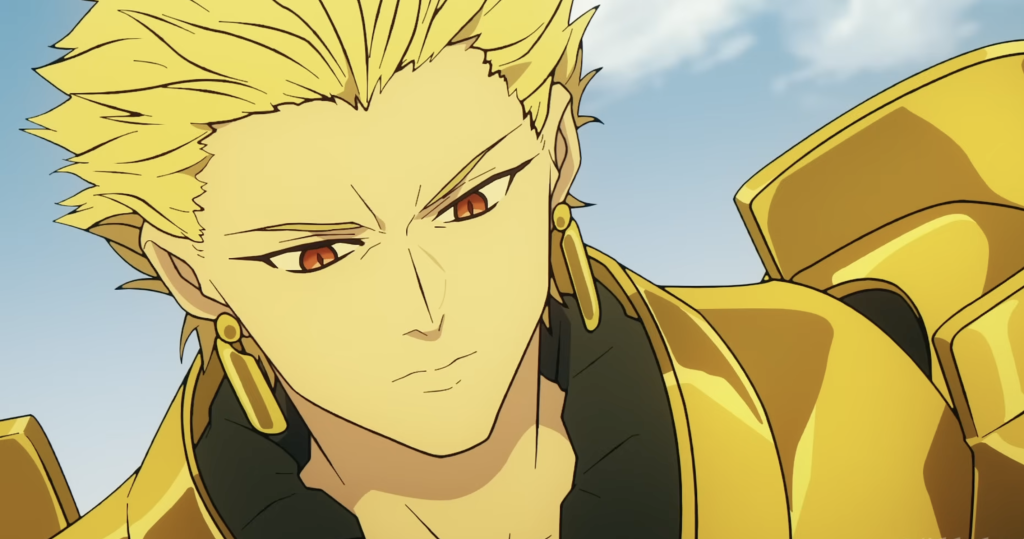 gilgamesh aka archer looking at alcides as he attacks him in fate/strange fake anime