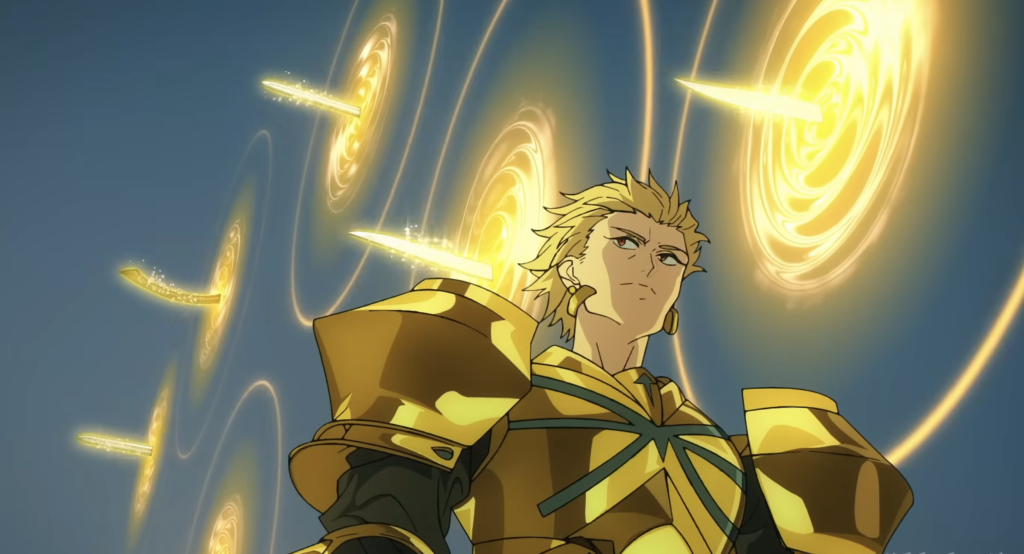 gilgamesh uses his power to attack alcides in fate/strange fake anime series