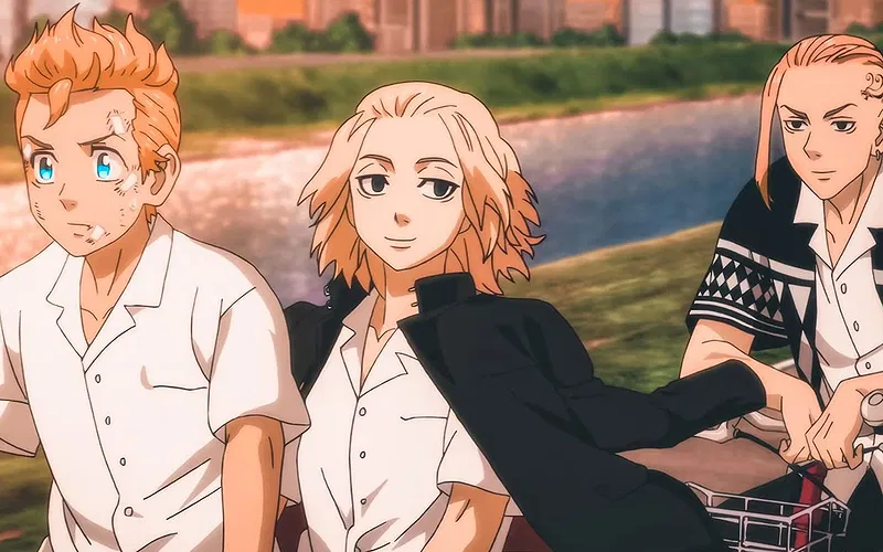 manjiro, ryuguji, and takemichi riding bicycles in tokyo revengers anime