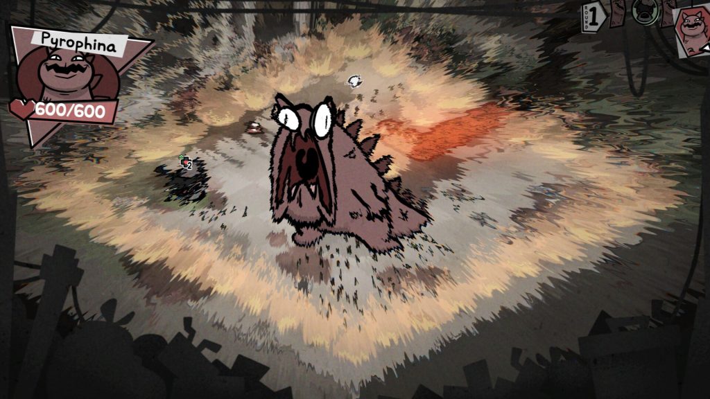 Mewgenics gameplay screenshot featuring a boss fight.