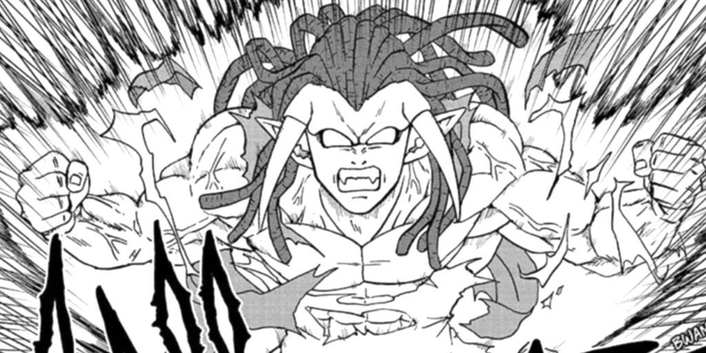 a manga panel shows gas transforming into berserker gas form in dragon ball super