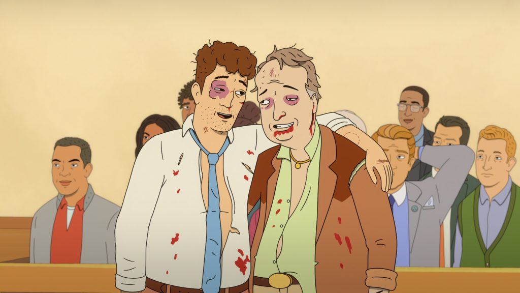 Strip Law S1. Adam Scott as Lincoln Gumb, ESQ. and Stephen Root as Glem Blorchman in Strip Law S1. Cr. Courtesy of Netflix © 2026