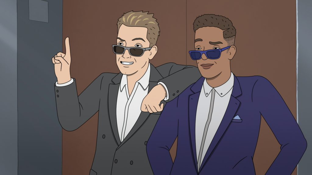 Strip Law S1. Joel McHale as Pringus and Ikechukwu Ufomadu as Bench in Strip Law S1. Cr. Courtesy of Netflix © 2026