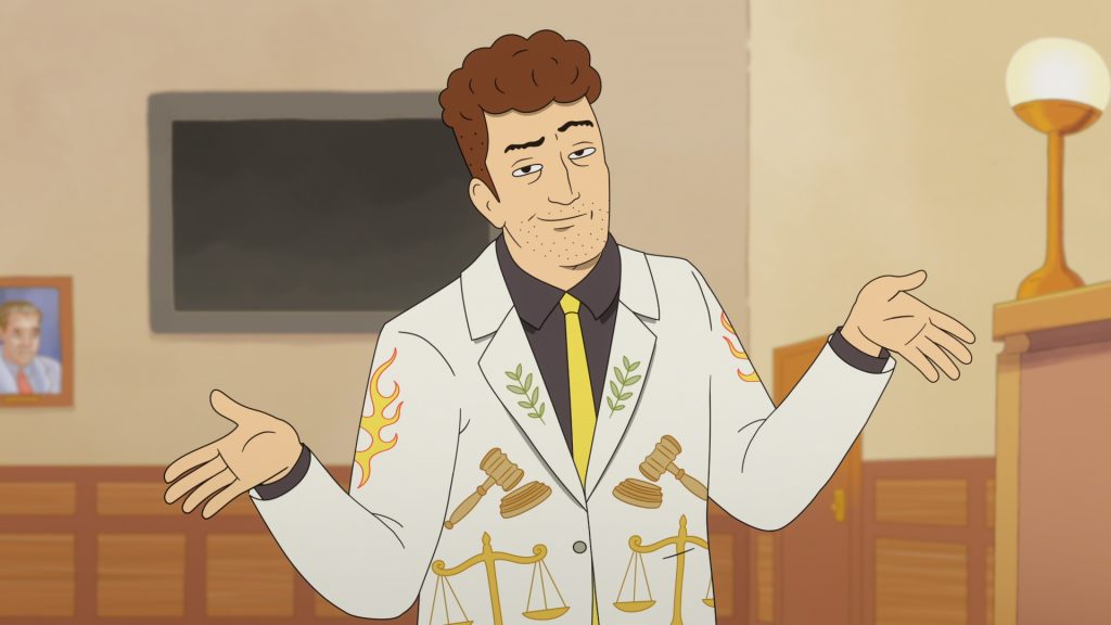 Strip Law S1. Adam Scott as Lincoln Gumb, ESQ. in Strip Law S1. Cr. Courtesy of Netflix © 2026