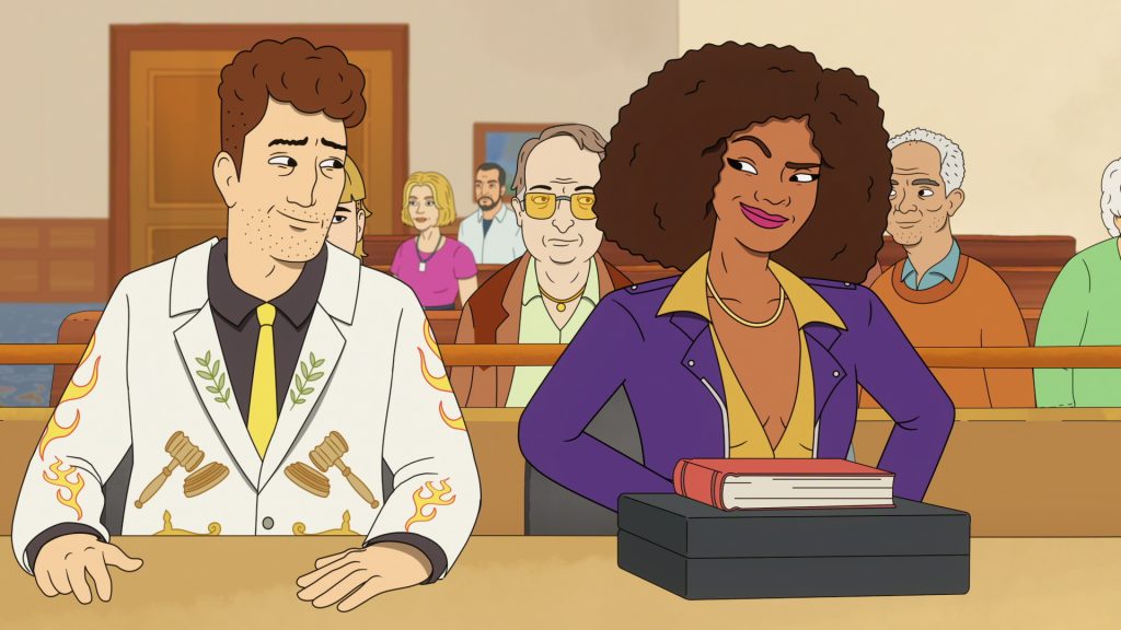 Strip Law S1. Adam Scott as Lincoln Gumb, ESQ. and Janelle James as Sheila Flambe in Strip Law S1. Cr. Courtesy of Netflix © 2026